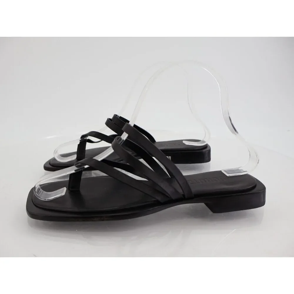 Schutz Rania Flat Sandals Womens Size 5.5 Black Leather Strappy Thong Slide